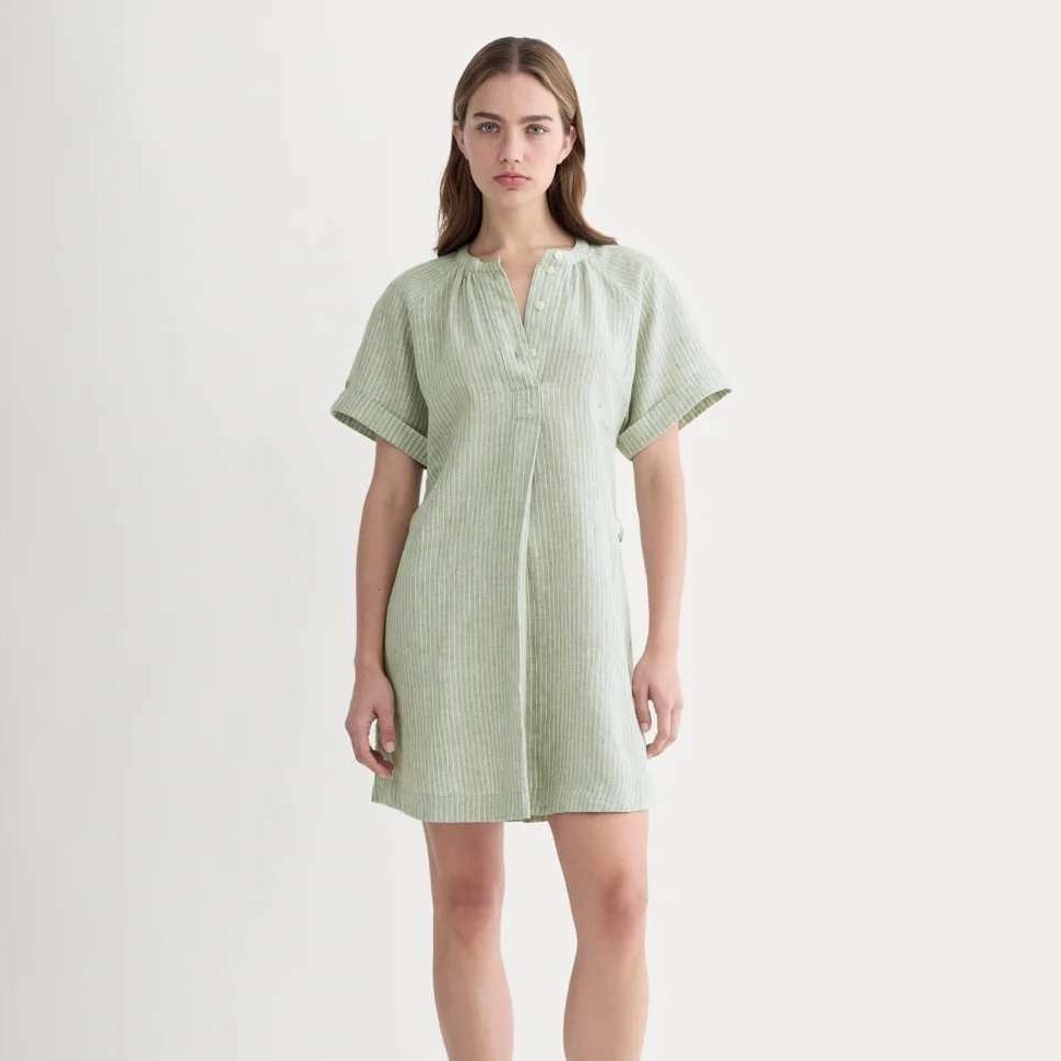 Everlane Linen Popover Dress Womens Medium Sage Green Pinstripe Short Sleeve Tie